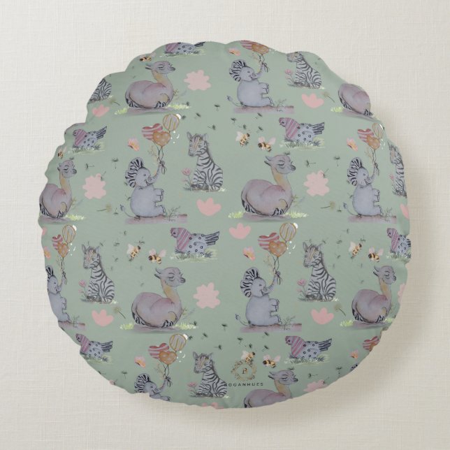 "Eleze Elephant & Polka Hen" Boganhues Round Pillow (Front)