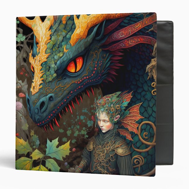 Elf And Dragon Fantasy Art 3 Ring Binder (Front/Inside)