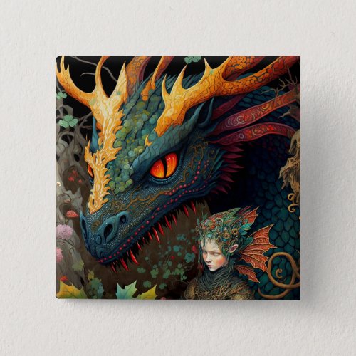 Elf And Dragon Fantasy Art Button