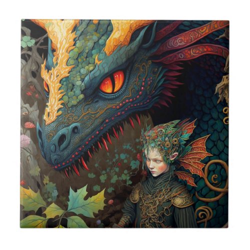 Elf And Dragon Fantasy Art Ceramic Tile