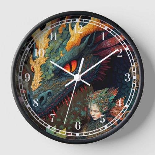 Elf And Dragon Fantasy Art Clock