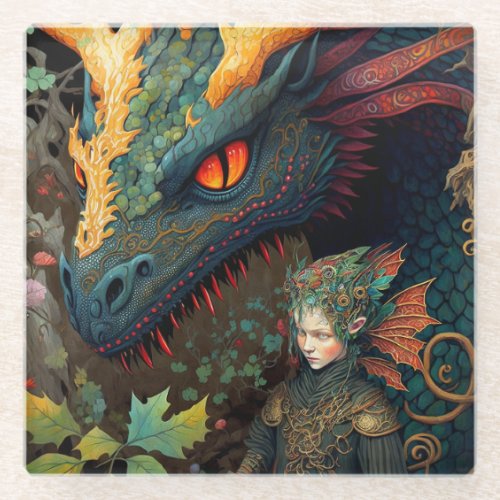 Elf And Dragon Fantasy Art Glass Coaster