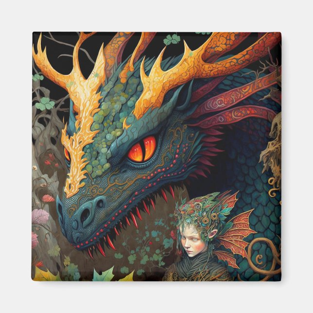 Elf And Dragon Fantasy Art Magnet (Front)