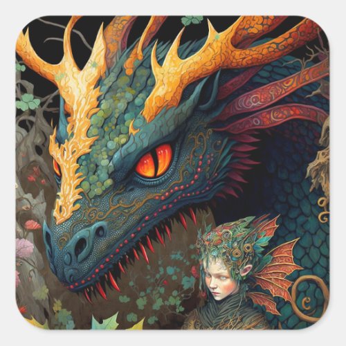 Elf And Dragon Fantasy Art Square Sticker