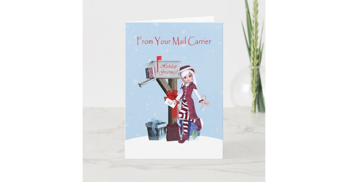elf and mailbox happy holidays from mail carrier holiday card