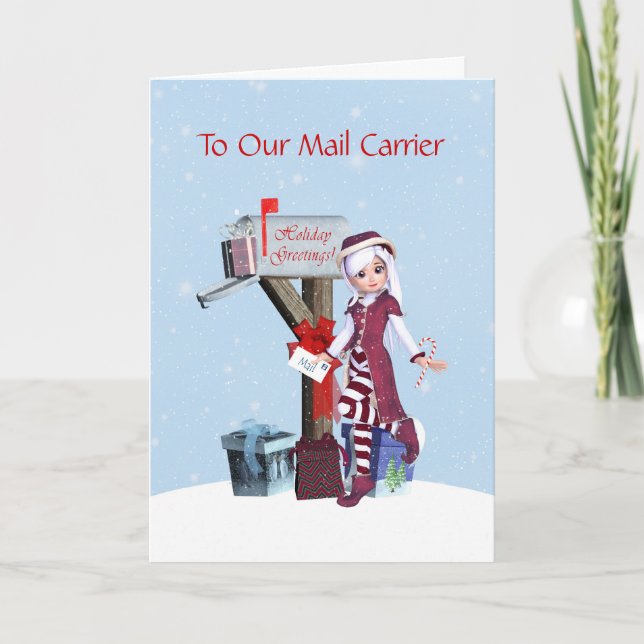 Elf and Mailbox Happy HolidaysTo Mail Carrier Holiday Card (Front)