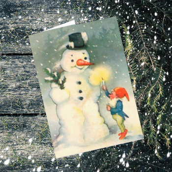 Elf And Snowman Vintage Christmas Card by Westerngirl2 at Zazzle