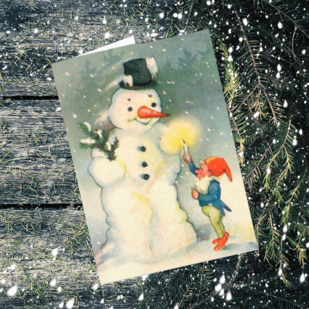 Elf And Snowman Vintage Christmas Card