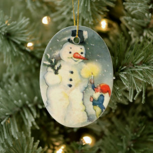 Elf and Snowman Vintage Christmas Ornament