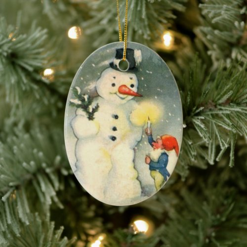 Elf and Snowman Vintage Christmas Ornament
