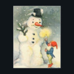 Elf and Snowman Vintage Christmas Postcard<br><div class="desc">One of Santa's elves holds a lighted candle up for a snowman to see in this delightful Victorian era art image. Celebrate the Holidays the old fashioned way!</div>