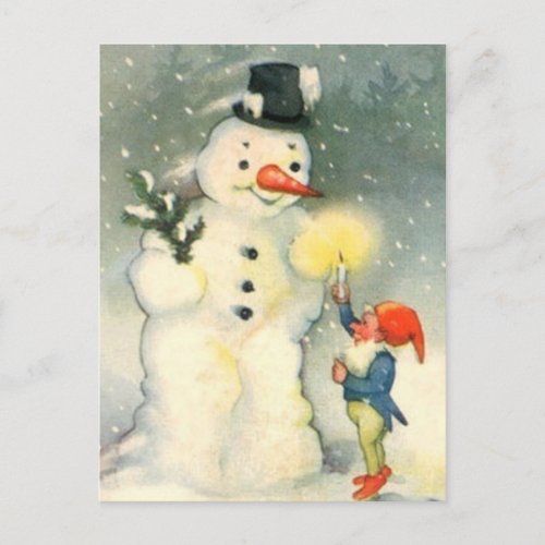 Elf and Snowman Vintage Christmas Postcard