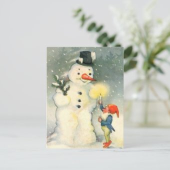 Elf and Snowman Vintage Christmas Postcard | Zazzle