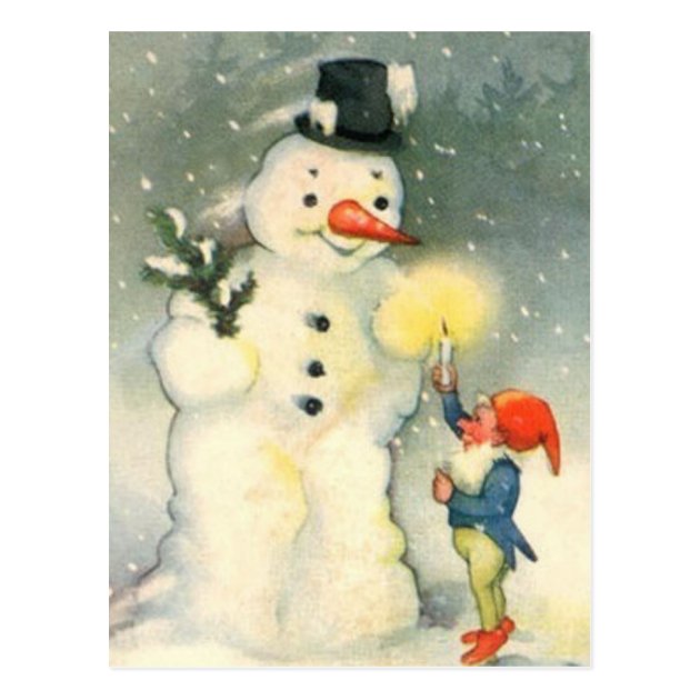 Elf And Snowman Vintage Christmas Postcard