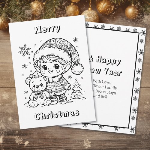 Elf and Teddy Bear Christmas Color Me Card