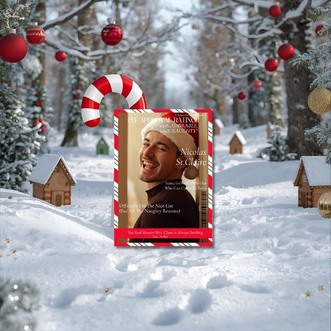 Elf Approval Rating boyfriend husband magazine   Holiday Card (Front-view outdoor mockup of a 5x7 'Elf Approval Rating' card leaning against a giant candy cane in )