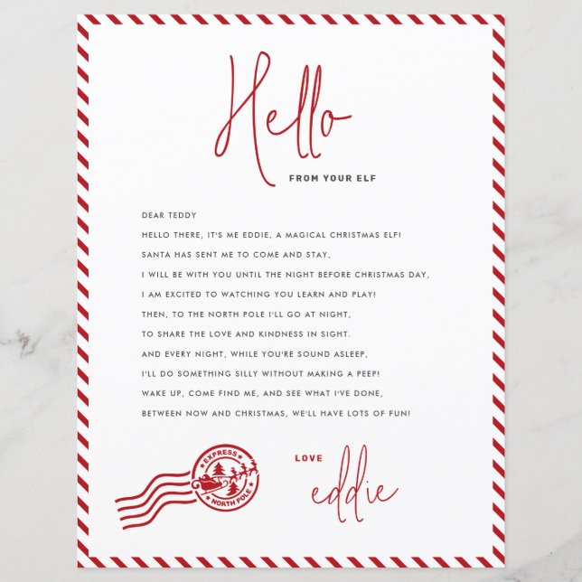 Elf Arrival Letter Hello From your Elf Note (Front)