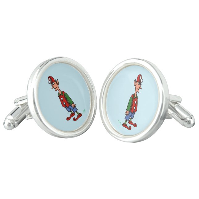 Elf At Attention blue silver plate cufflinks (Angled)