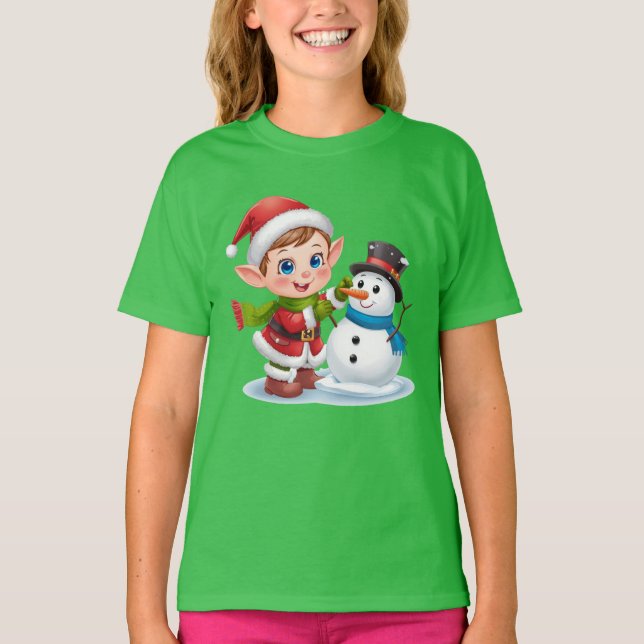 Elf Building Snowman – Fun Kids Christmas Tee (Front)