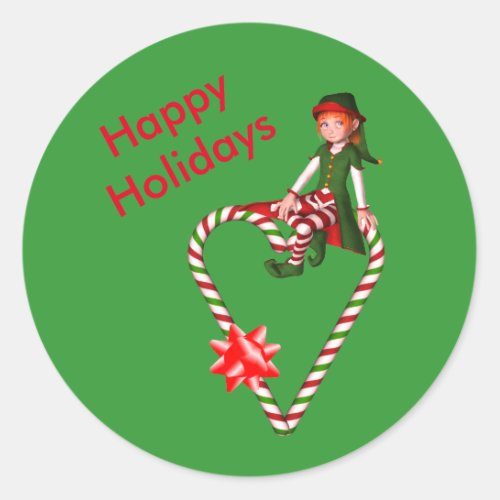 Elf Candy Cane Heart Christmas Holiday  Classic Round Sticker