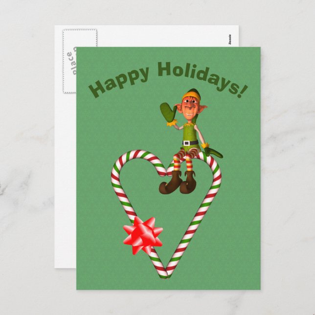 Elf Candy Cane Heart Christmas Holiday Postcard (Front/Back)