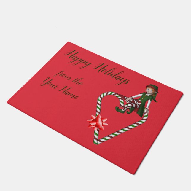 Elf Candy Cane Heart Cute Christmas Holiday   Doormat (Angled)