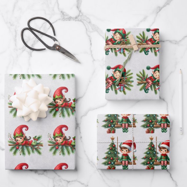 Elf Christmas Branches Kids  Wrapping Paper Sheets (Front)