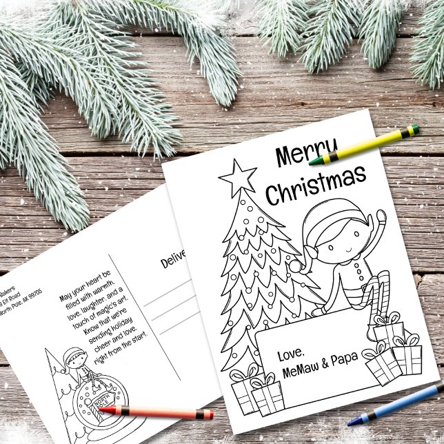 Elf Christmas Coloring  Holiday Postcard (Spark your child's creativity this holiday season with our Christmas Elf Coloring Postcard! )