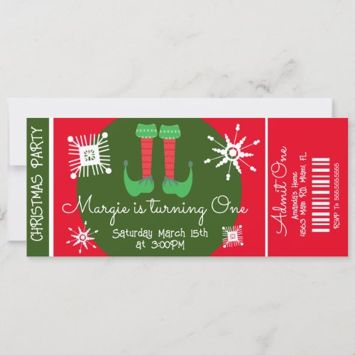 Elf Christmas First Birthday Ticket Party    Invitation