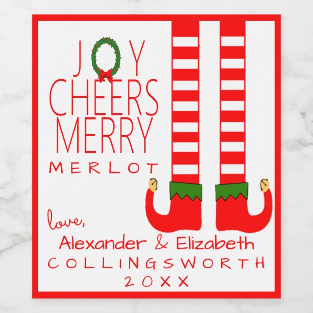 Elf Christmas Merlot Wine Bottle Label Personalize (Single Label)