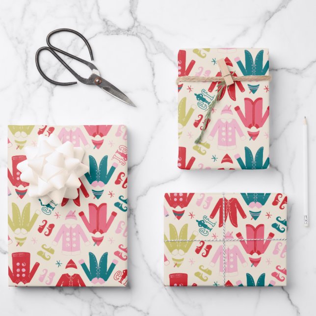 Elf Colorful Coat and Shoes Pattern Wrapping Paper Sheets (Front)
