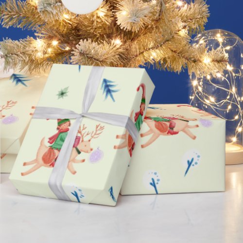Elf delivering gifts illustration in watercolors wrapping paper