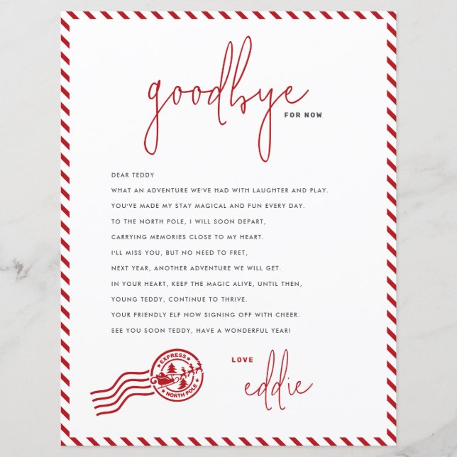Elf Departure Letter Goodbye From your Elf Note (Front)