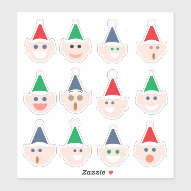 Elf (Elves) Faces Fun Cartoon Holiday Christmas Sticker (Sheet)