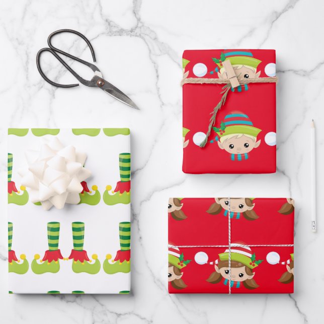 Elf faces and feet Christmas cheer pattern Wrapping Paper Sheets (Front)