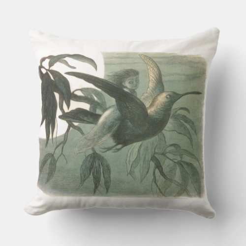 Elf Fairies Elves Moon Night Scene Bird Flying  Outdoor Pillow