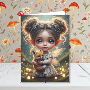 Elf Fairy and Fox Girl's Cottagecore Birthday Card