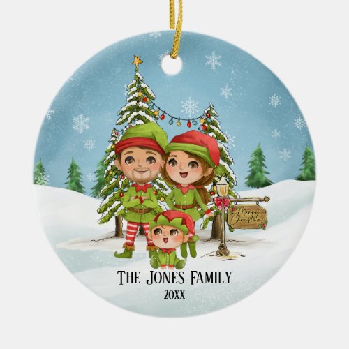 Elf Family of 3 Christmas Ceramic Ornament