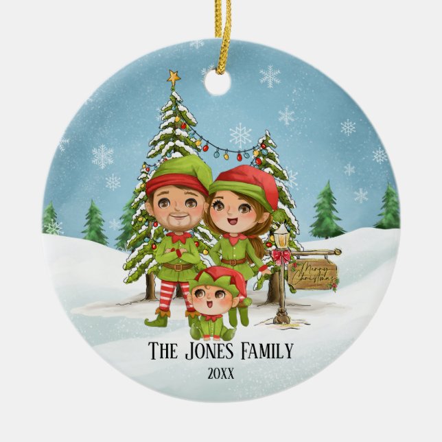Elf Family of 3 Christmas Ceramic Ornament (Front)