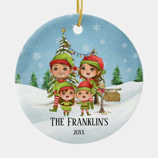 Elf Family of 4 Mom Dad Daughter Son Ceramic Ornament (Front)