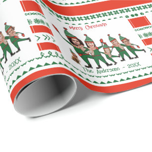Elf Family of Six Including Dog Red Green Pattern Wrapping Paper