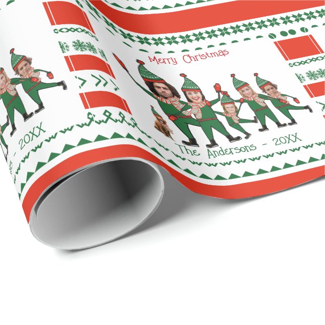 Elf Family of Six Including Dog Red Green Pattern Wrapping Paper (Roll Corner)