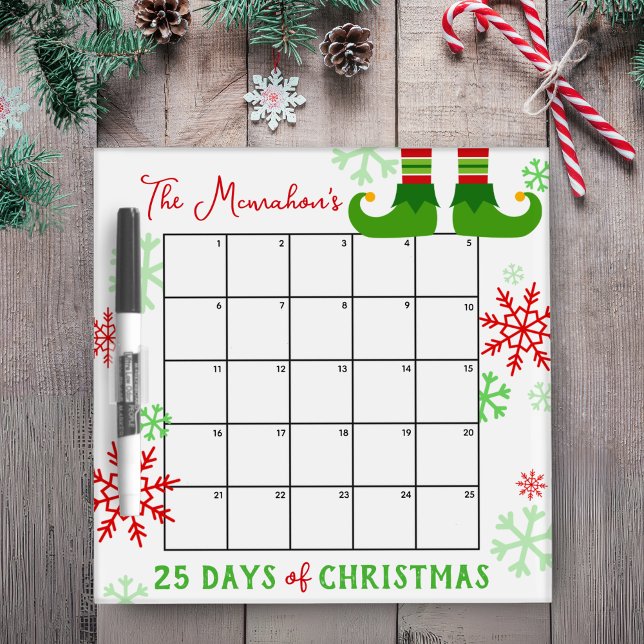 Elf Feet 25 Days of Christmas Activity Dry Erase Board (25 Days of Christmas Activity White Board. Adorable Elf Feet Snowflake Design. Larger Size Available)