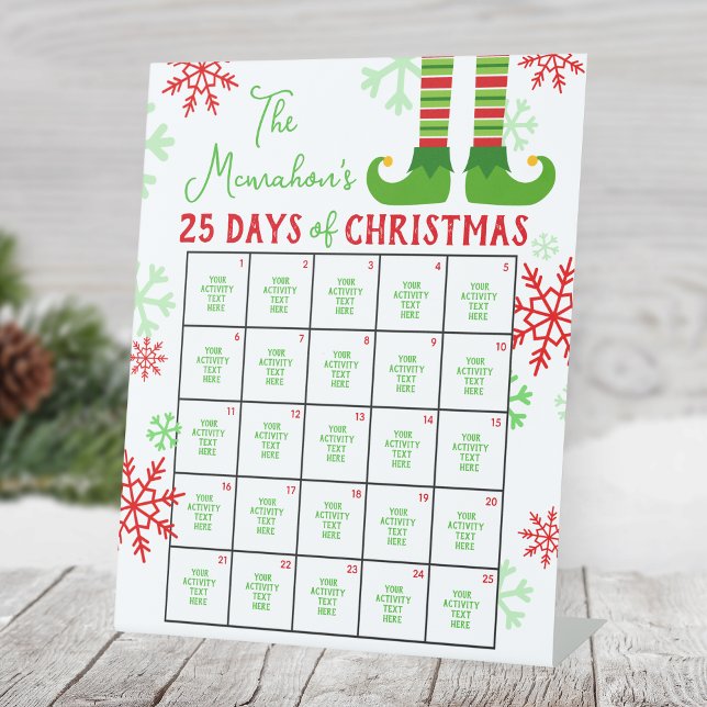 Elf Feet 25 Days of Christmas Activity Pedestal Sign (25 Days of Christmas Holiday Activity Pedestal Sign. Cute Elf Feet Design, Other Designs Available)