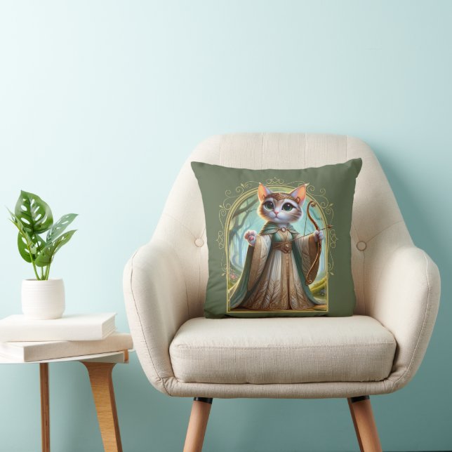 Elf Feline Fantasy Adventure Throw Pillow (Chair)
