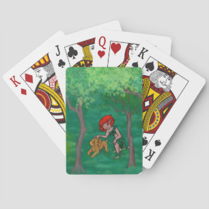 elf girl playing with her puppy dog in the woods poker cards