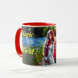 Elf girl red and white colorful fantasy flowers mug