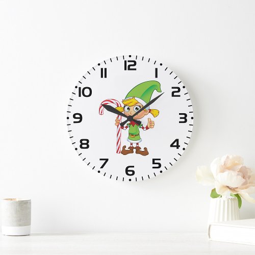 Elf Girl With Candy Cane Large Clock