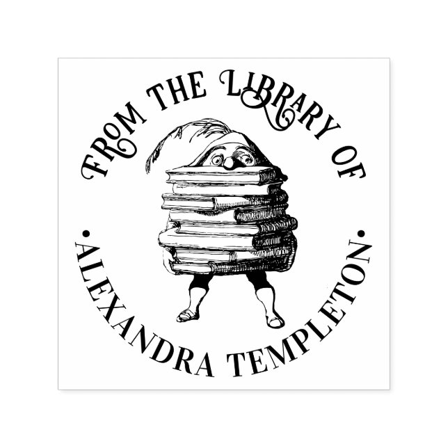 Elf Gnome Carrying Huge Book Stack Library Name Self-inking Stamp (Design)