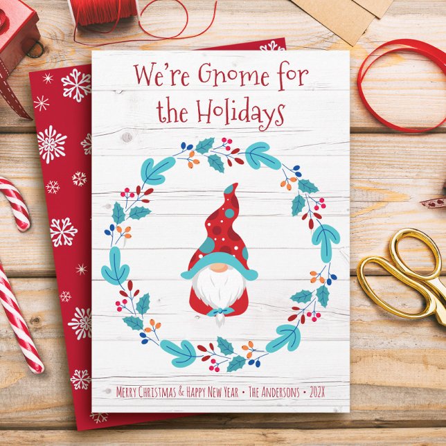 Elf Gnome for Holidays Floral Wreath Rustic Cute Holiday Card (Creator Uploaded)